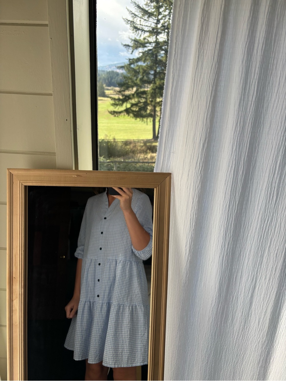 Women's Light Blue Gingham Button-Front Midi Dress